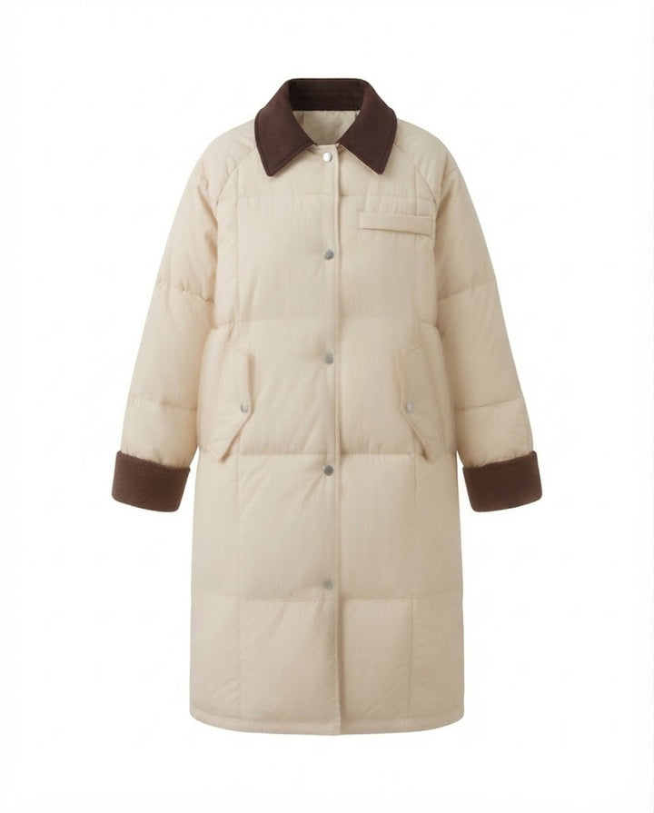 Damen langer gesteppter thermomantel mit kontrastierendem Kordelkragen, verdecktem Druckknopfverschluss und oversized Schnitt