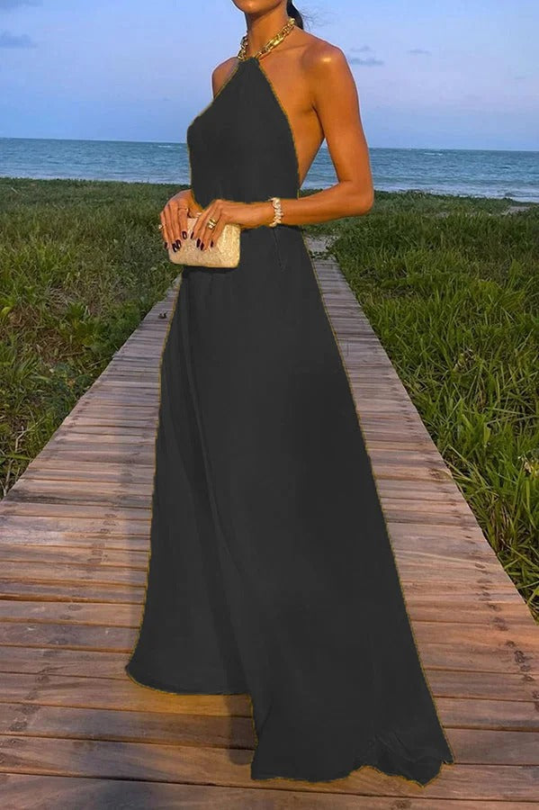 Drune | Sunny In Santorini Ketten-Halter Rückenfreies A-Linie Urlaub Maxi Kleid