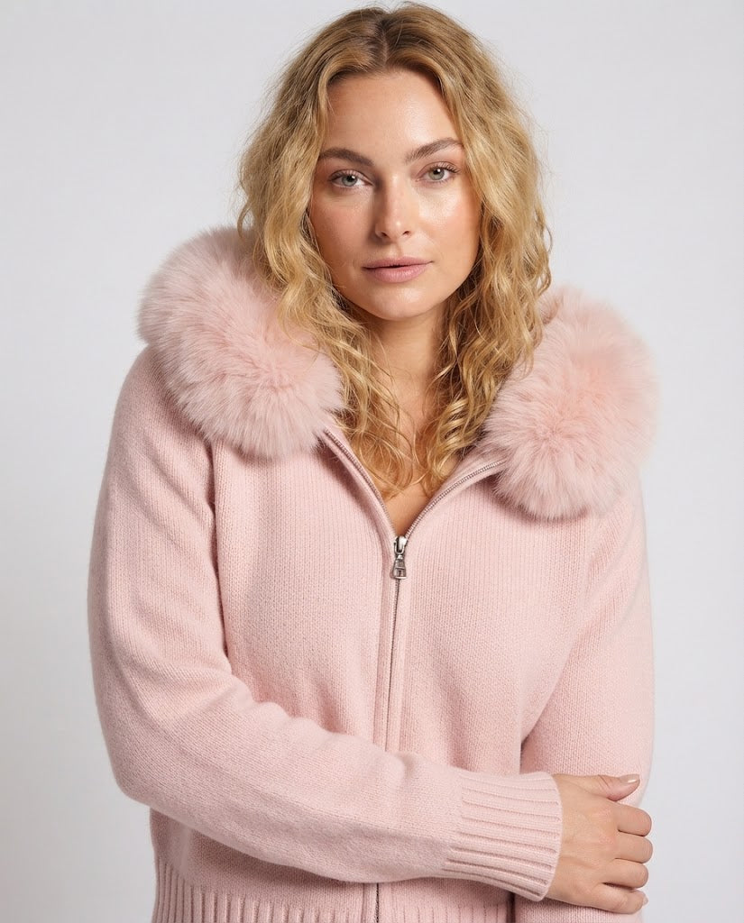 Damen Kurze Wollstrickjacke mit Reißverschluss und abnehmbarem Fellbesatz an der Kapuze Drune