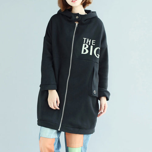 Drune | Mode lässige Baumwolldruckmäntel oversized mit Reißverschluss langärmeliger Trenchcoat mit Kapuze Winteroutfits