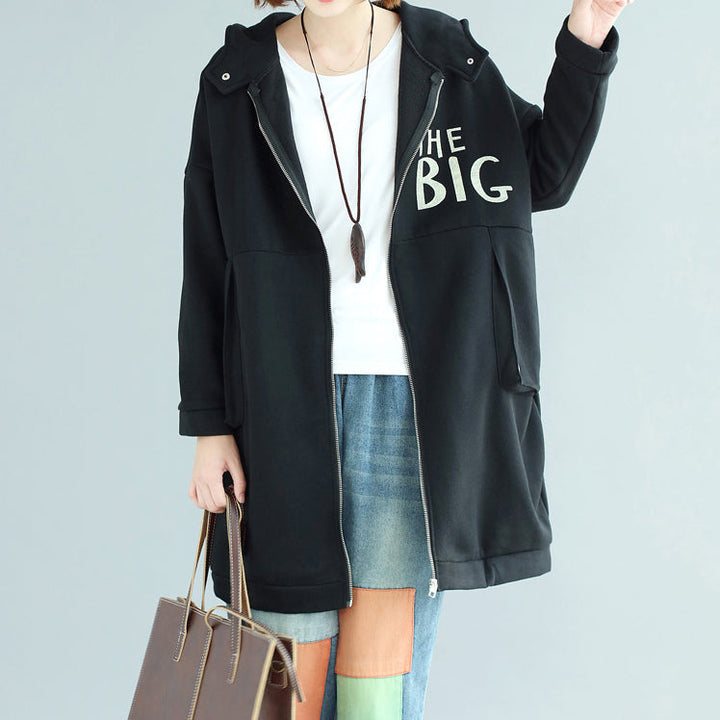 Drune | Mode lässige Baumwolldruckmäntel oversized mit Reißverschluss langärmeliger Trenchcoat mit Kapuze Winteroutfits