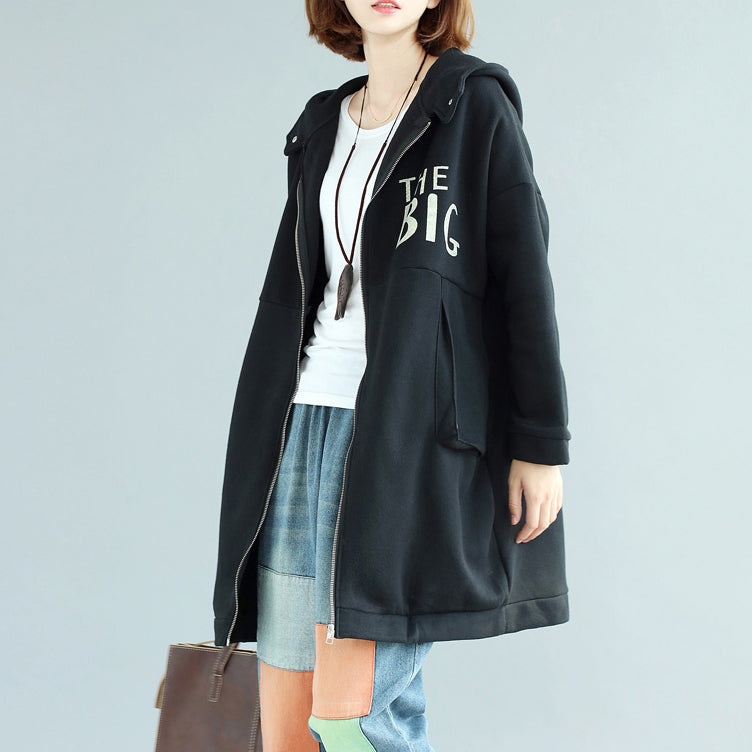 Drune | Mode lässige Baumwolldruckmäntel oversized mit Reißverschluss langärmeliger Trenchcoat mit Kapuze Winteroutfits