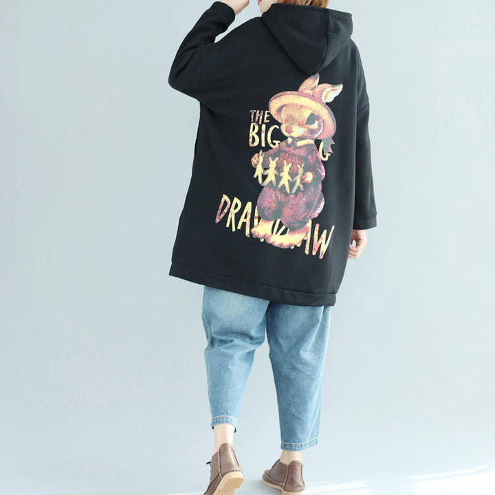 Drune | Mode lässige Baumwolldruckmäntel oversized mit Reißverschluss langärmeliger Trenchcoat mit Kapuze Winteroutfits