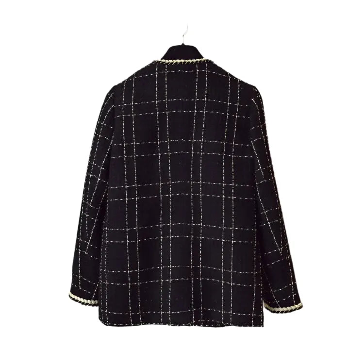 Drune | Schwarzer V-Ausschnitt Karo Tweed Mantel Damen