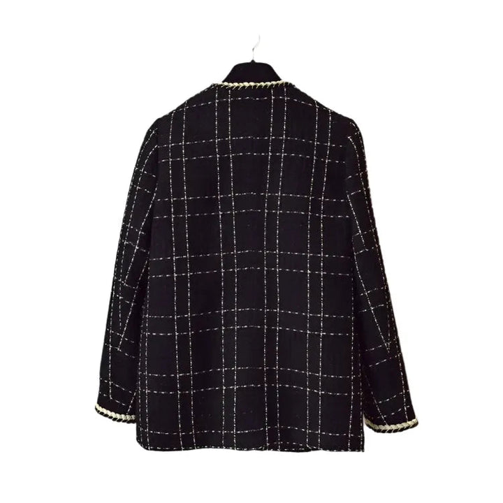 Drune | Schwarzer V-Ausschnitt Karo Tweed Mantel Damen