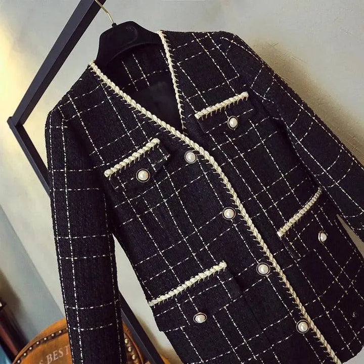 Drune | Schwarzer V-Ausschnitt Karo Tweed Mantel Damen