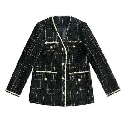 Drune | Schwarzer V-Ausschnitt Karo Tweed Mantel Damen