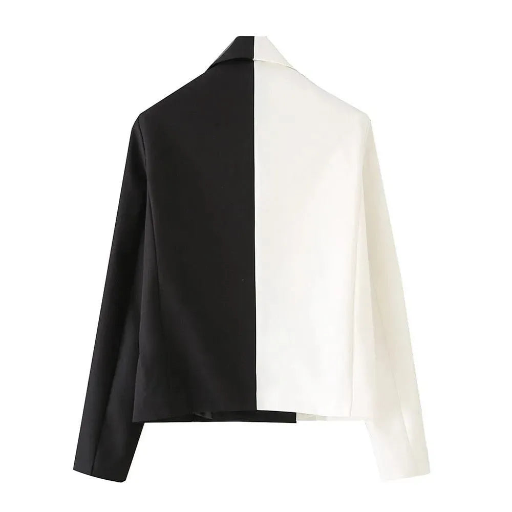 Drune | Schwarze-Weiße Cropped Blazer Damen - Lässig - Patchwork