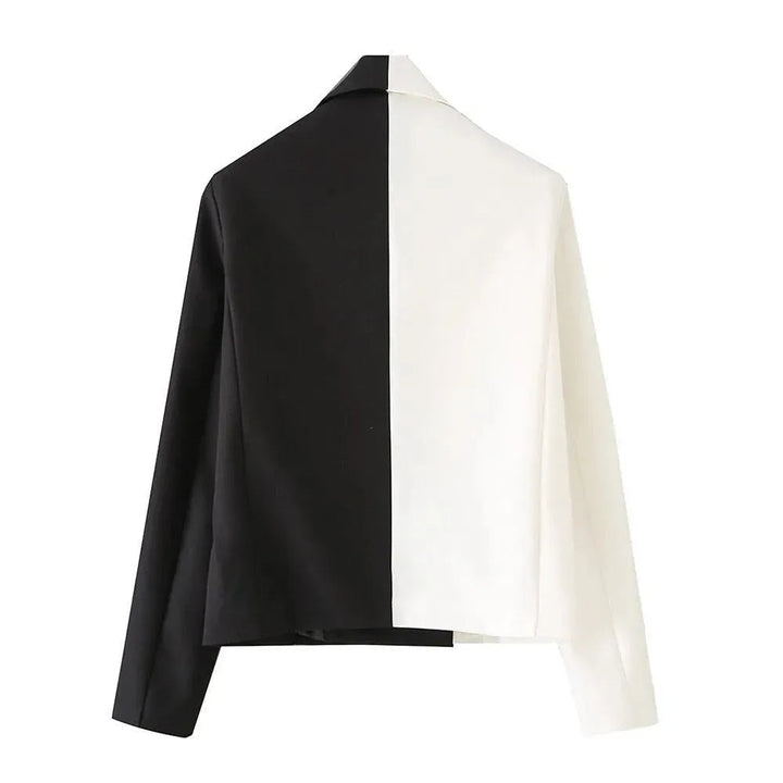 Drune | Schwarze-Weiße Cropped Blazer Damen - Lässig - Patchwork