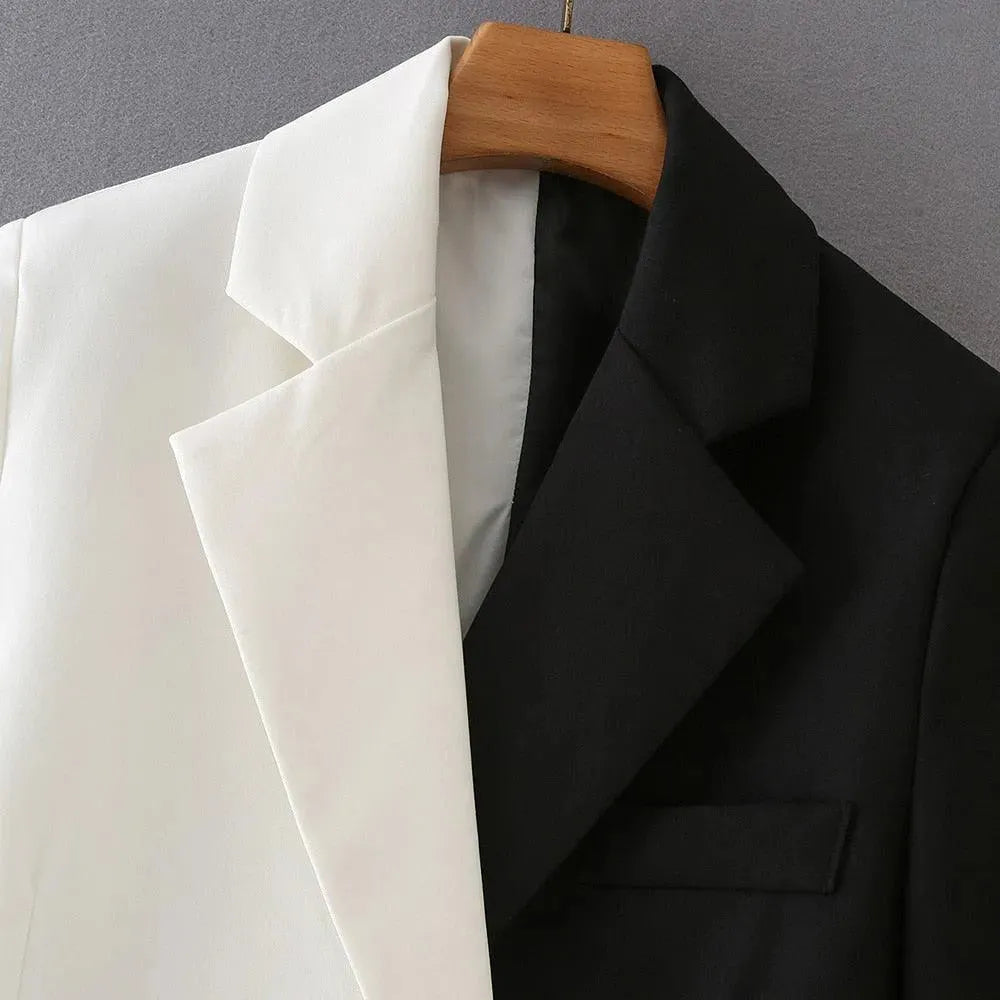 Drune | Schwarze-Weiße Cropped Blazer Damen - Lässig - Patchwork