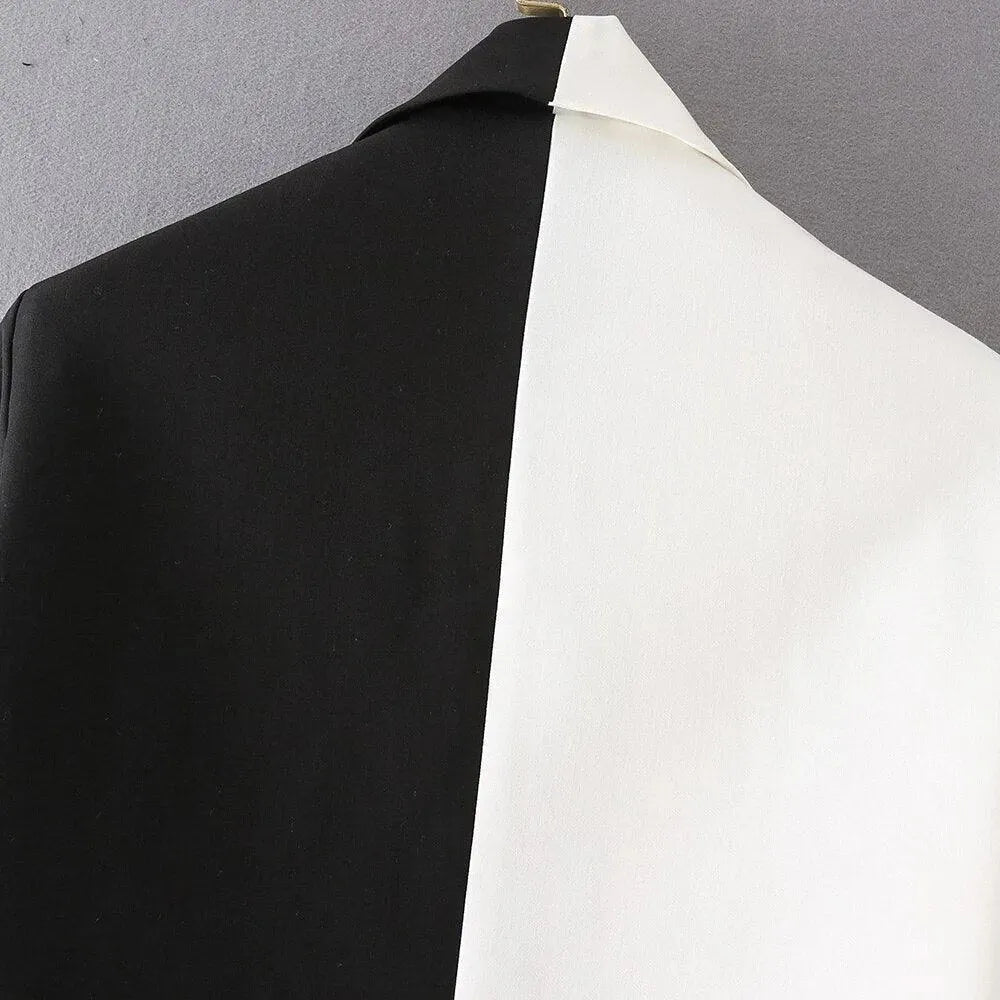 Drune | Schwarze-Weiße Cropped Blazer Damen - Lässig - Patchwork