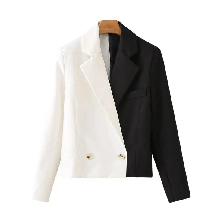 Drune | Schwarze-Weiße Cropped Blazer Damen - Lässig - Patchwork