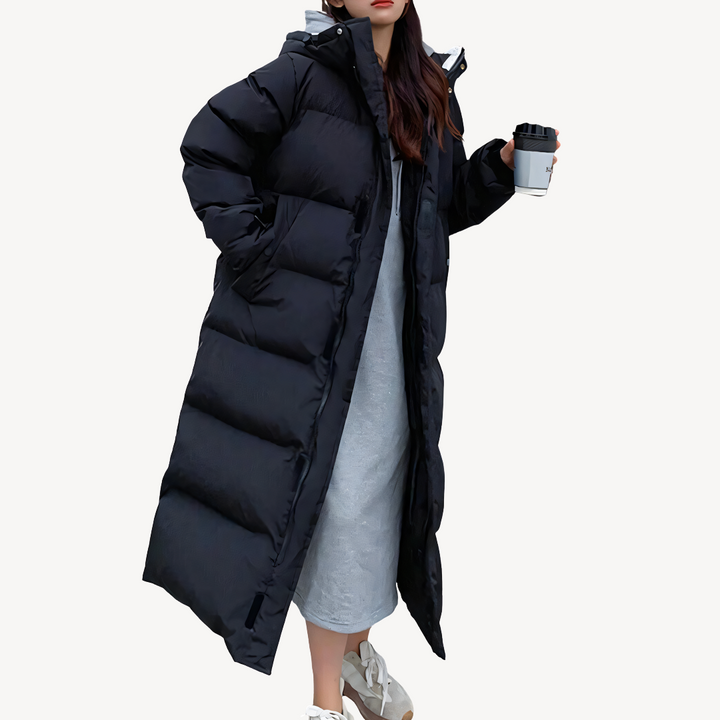 Drune | Langer Kapuzen-Puffer-Mantel Damen Winterjacke