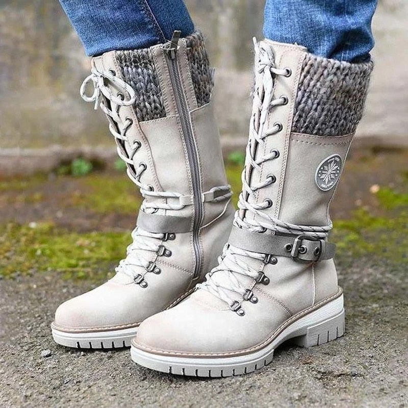 Drune | Stiefel Bis Zur mitte Der Wade Wasserabweisend Strickbündchen Schnürung Seitenreißverschluss Profilierte Sohle Schnallenriemen
