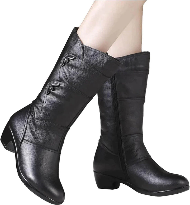 Drune | Mid Calf Stiefel Lederähnliche Optik Seitenreißverschluss Niedriger Absatz Figurbetonte Silhouette