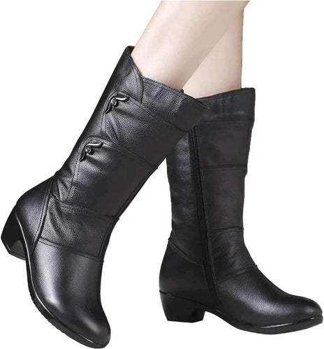 Drune | Mid Calf Stiefel Lederähnliche Optik Seitenreißverschluss Niedriger Absatz Figurbetonte Silhouette
