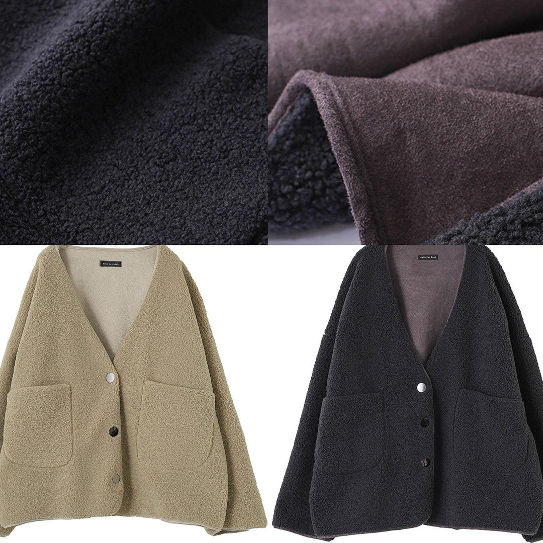 Drune | dunkelgrau Wollmäntel lässige Winterjacken V-Ausschnitt Taschen Damen Mäntel
