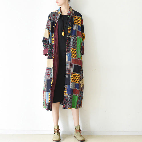 Drune | Mehrfarbiger Patchwork-Mantel Plus Size O-Ausschnitt Cardigans Drune | Batwing-Ärmel Lange Jacken