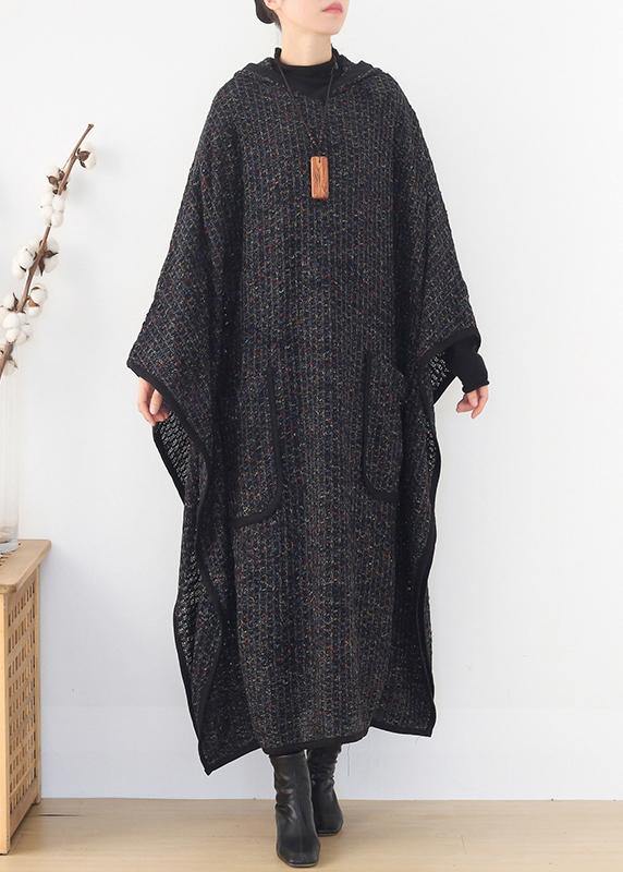 Drune | Plus-Size-Bekleidung langer Wintermantel Frauen schwarz mit Kapuze großer Saum Wollmäntel