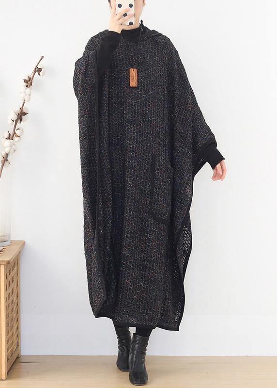 Drune | Plus-Size-Bekleidung langer Wintermantel Frauen schwarz mit Kapuze großer Saum Wollmäntel