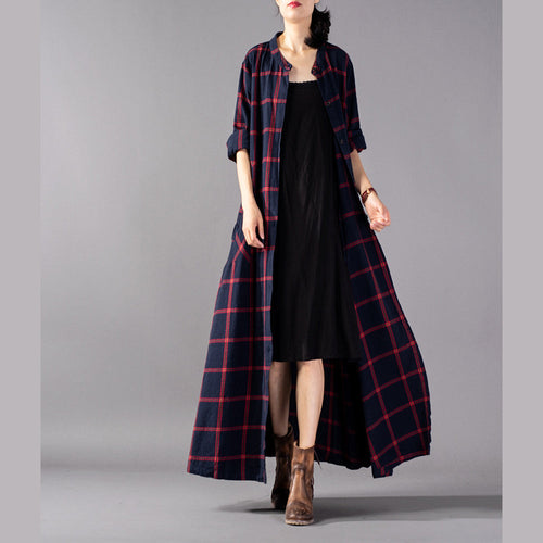 Drune | roter Karierter Mantel Plus Size Kleidung Stehkragen Mäntel Drune | Taschen Mäntel