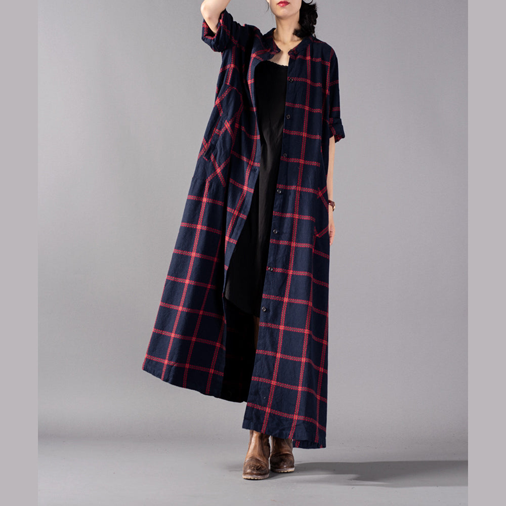 Drune | roter Karierter Mantel Plus Size Kleidung Stehkragen Mäntel Drune | Taschen Mäntel