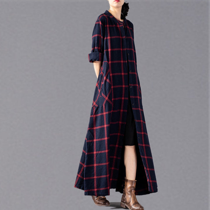 Drune | roter Karierter Mantel Plus Size Kleidung Stehkragen Mäntel Drune | Taschen Mäntel