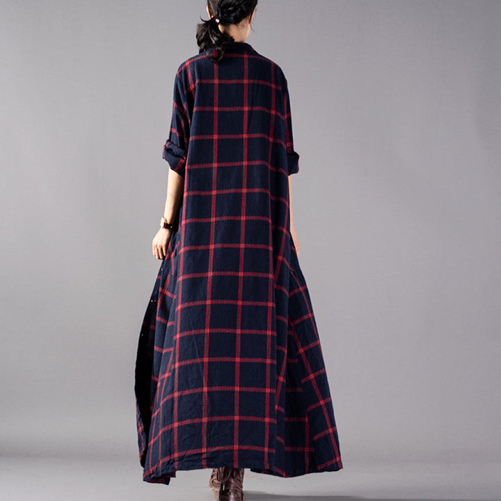 Drune | roter Karierter Mantel Plus Size Kleidung Stehkragen Mäntel Drune | Taschen Mäntel