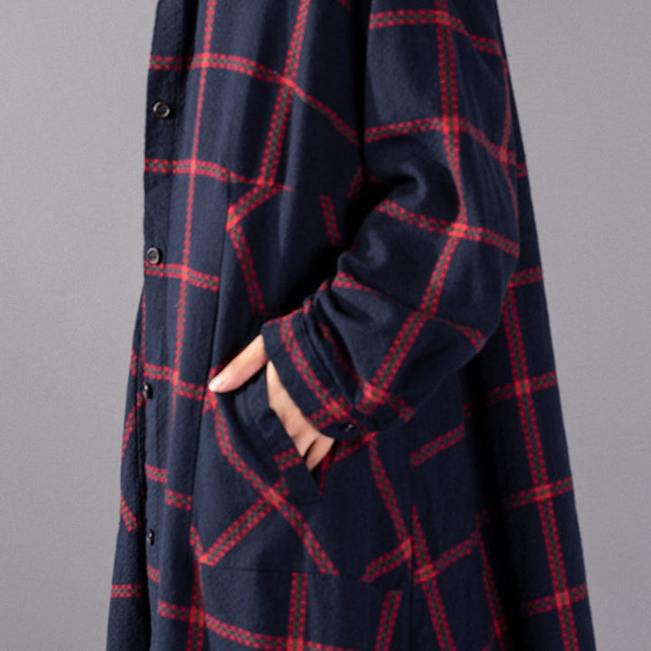 Drune | roter Karierter Mantel Plus Size Kleidung Stehkragen Mäntel Drune | Taschen Mäntel