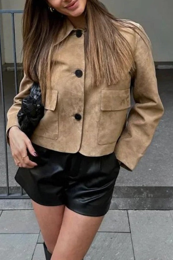 Drune | Knopfverschluss Pocket Faux Suede Crop Jacke