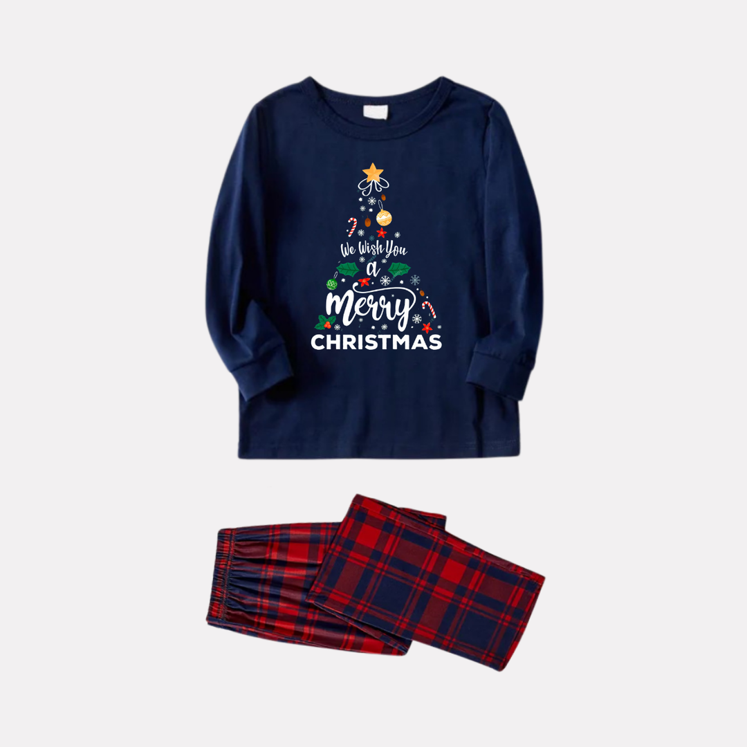 Drune | "Wir wünschen Ihnen einen frohen Weihnachten" bedrucktes blaues Longsleeve-Oberteil mit blauen und roten karierter Paarpassenden Pyjamas