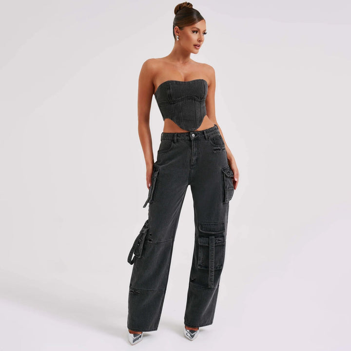 Drune | Denim-Anzüge Sommer Sexy Rückenausschnitt Tube Top und Mehrfach-Taschen Gerade Hosen Mode Lange Hosen Anzug Damenbekleidung