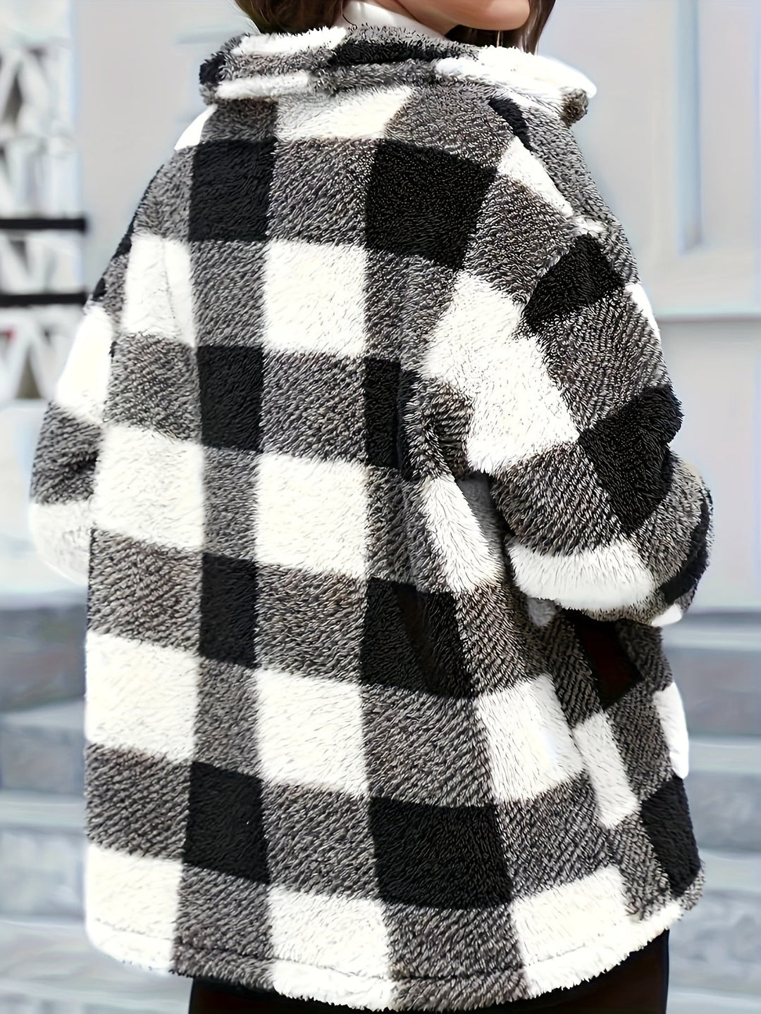 Drune | Gitter Teddyjacke mit Knöpfen und Taschen Polyester Warm und Stilvoll
