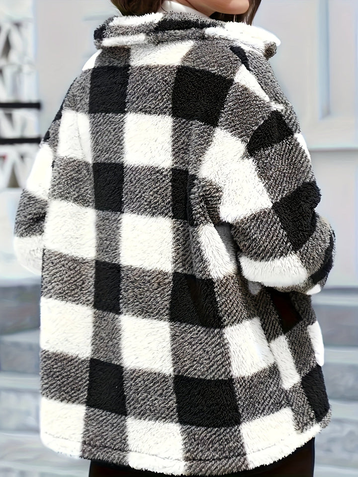 Drune | Gitter Teddyjacke mit Knöpfen und Taschen Polyester Warm und Stilvoll