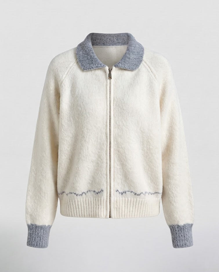 Damen Kurz geschnittene Teddy-Strickjacke mit Reißverschluss, Kontrastkragen und gerippten Bündchen Drune