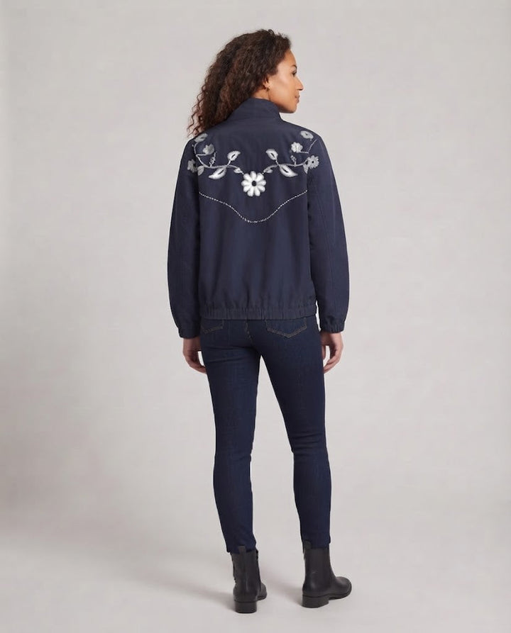 Damen Bestickte leichte Übergangsjacke mit Reißverschluss und Blumendetail Drune