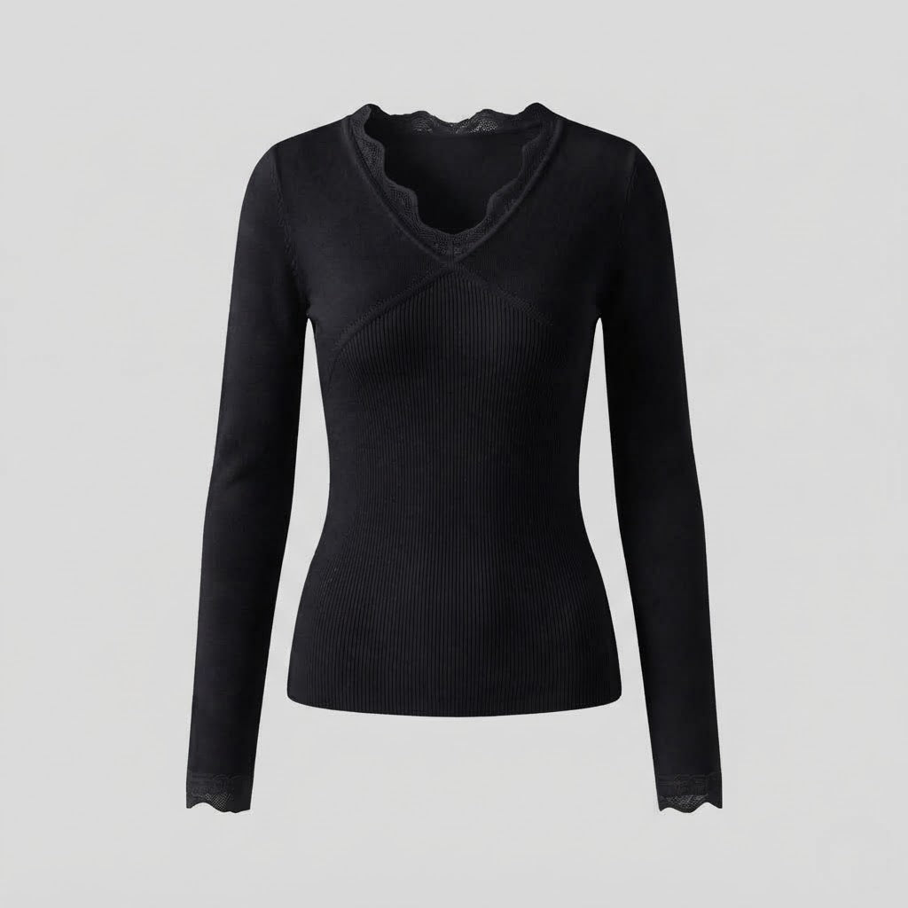 Damen figurbetont feiner Strickpullover mit Spitzen-V-Ausschnitt und langen Ärmeln Drune