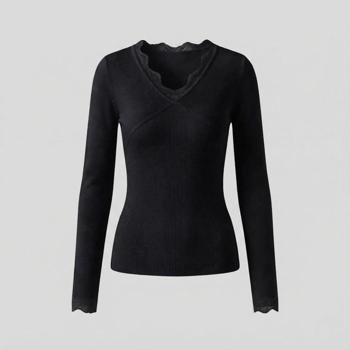 Damen figurbetont feiner Strickpullover mit Spitzen-V-Ausschnitt und langen Ärmeln Drune