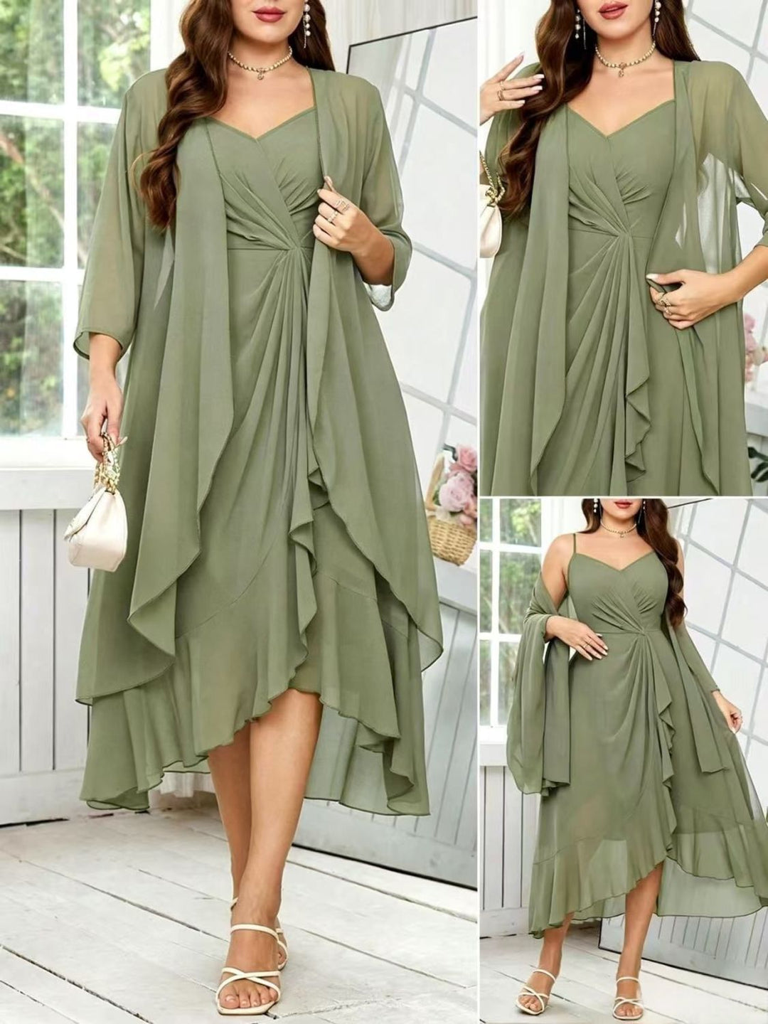 Damen festliches Maxikleid mit einem eleganten Wickeldesign und transparenter Ärmeln Drune
