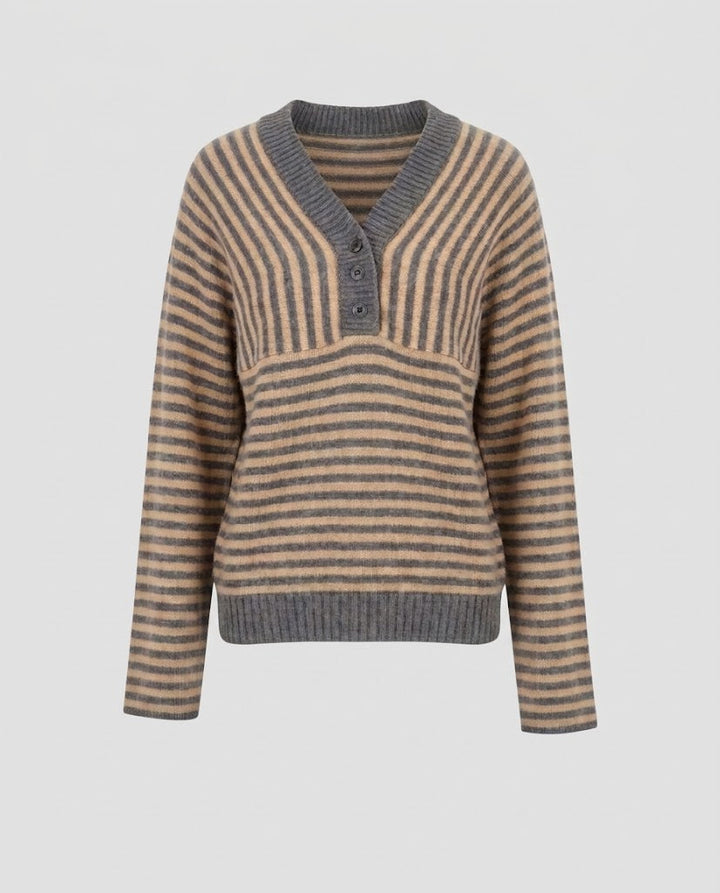 Damen Gestreifter Feinstrickpullover mit V-Ausschnitt, Knopfleiste und Cropped‑Silhouette Drune