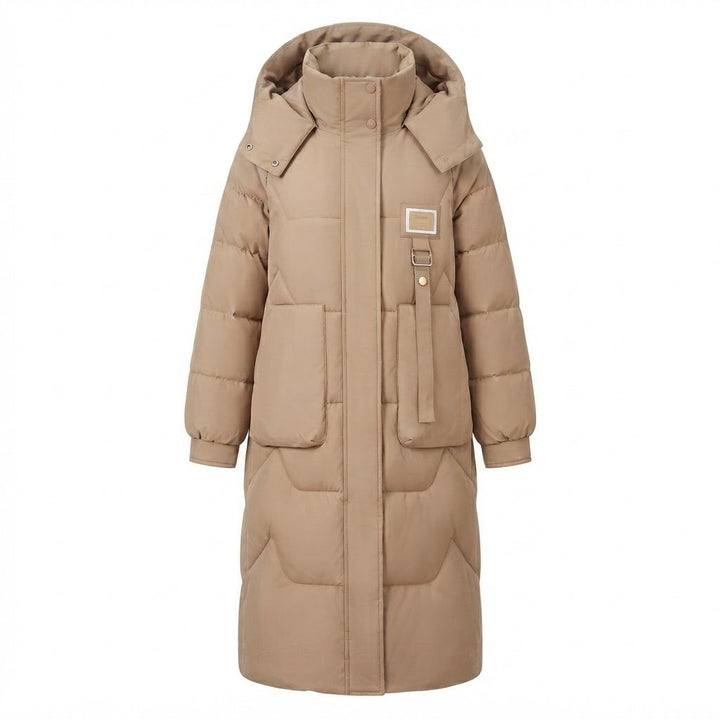 Damen Lange Thermo Steppjacke mit Übergroßer Kapuze und Windschutz Drune