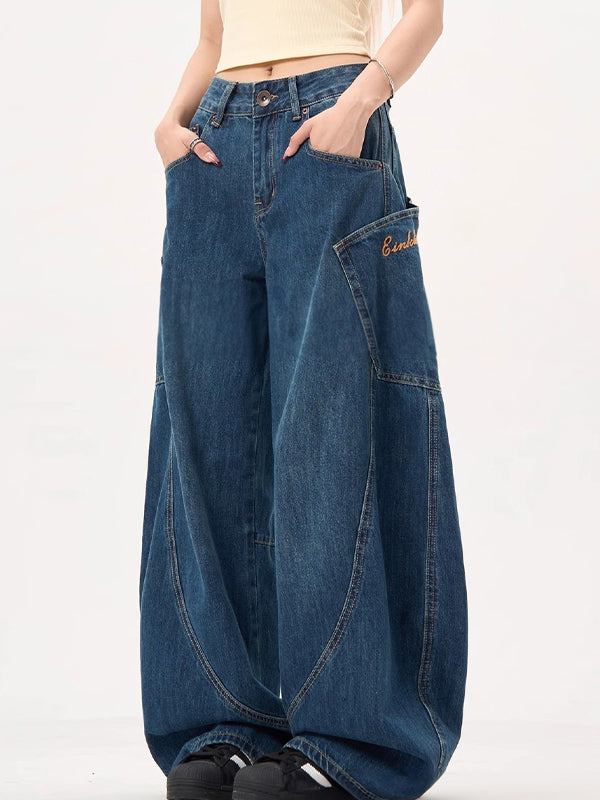 Drune | Blaue Boyfriend Jeans mit Großen Taschen und Weitem Krummschnitt