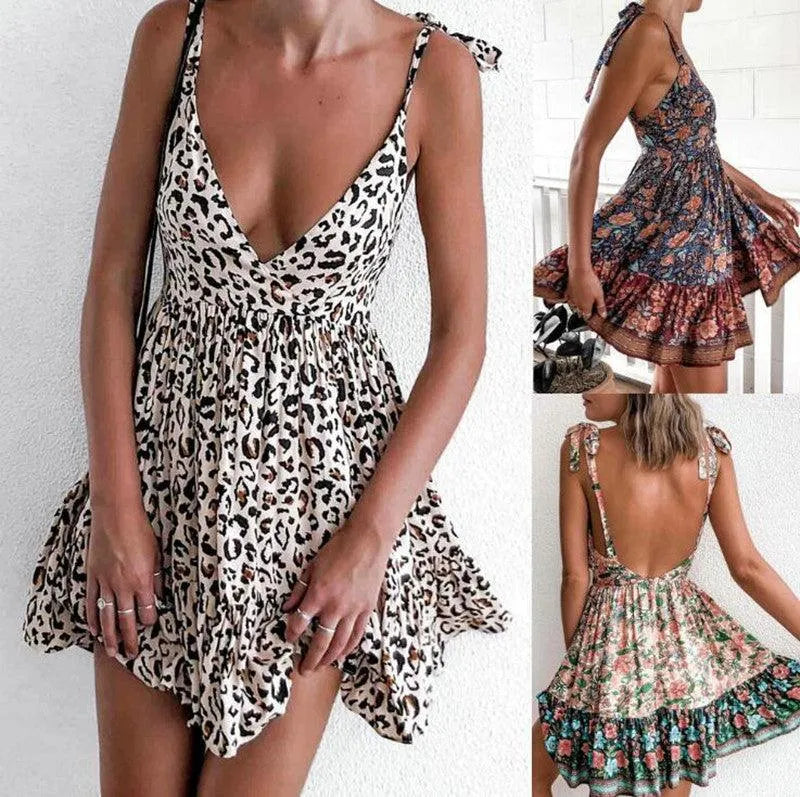 Drune | Bedrucktes Kleid mit einem tiefen Ausschnitt und Schulterträgern für Damen