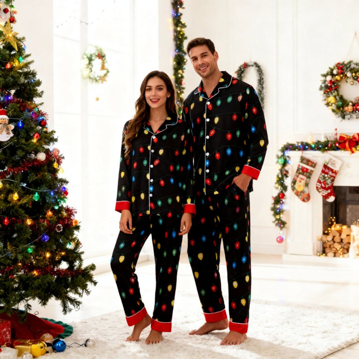 Drune | Urlaub Paar Knopfverschluss Satin Weihnachts-Pyjama-Set