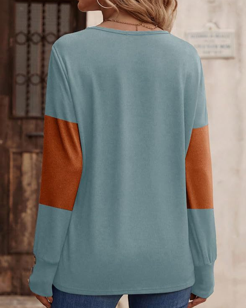 Drune | Shirt Damen Colorblock Druck Knopf Deko Fallende Schulter