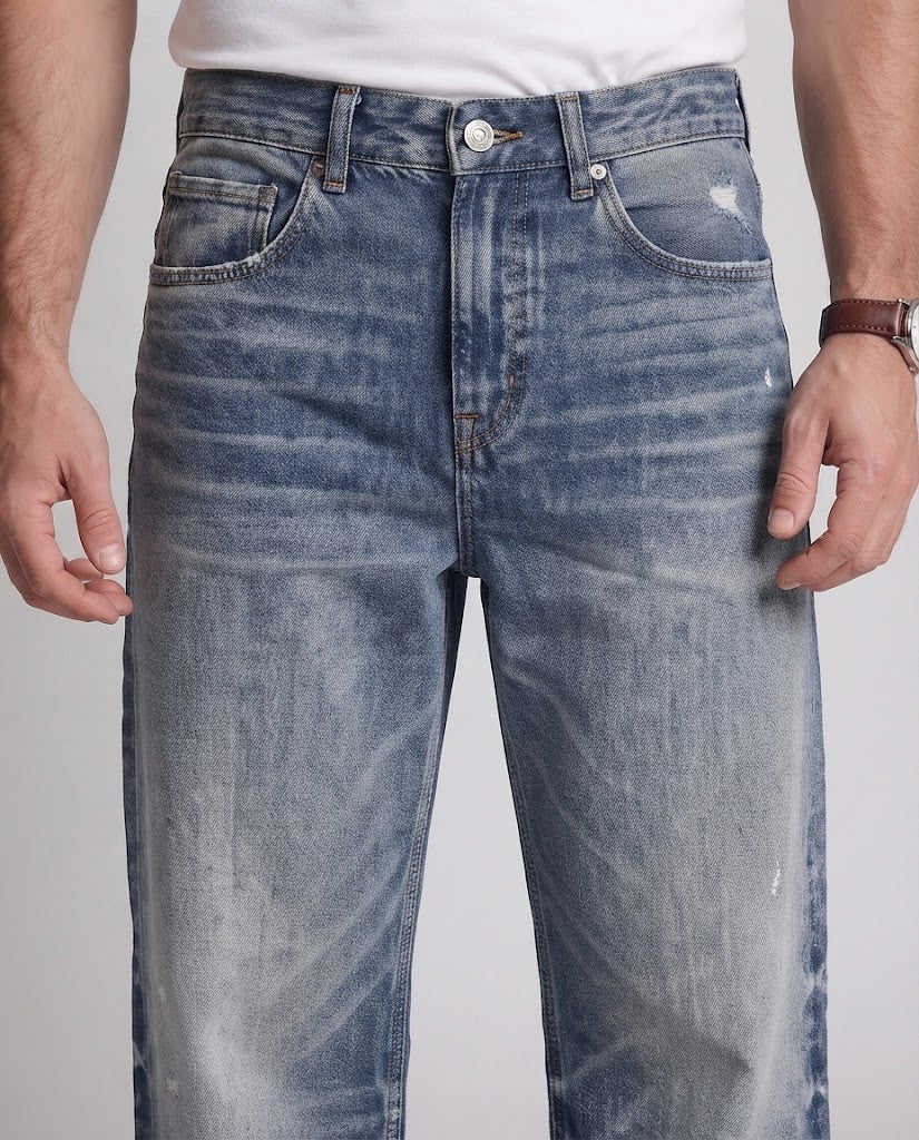 Herren Extremweit geschnittene Vintage-Denim-Baggy-Jeans mit verlängertem Saum Drune