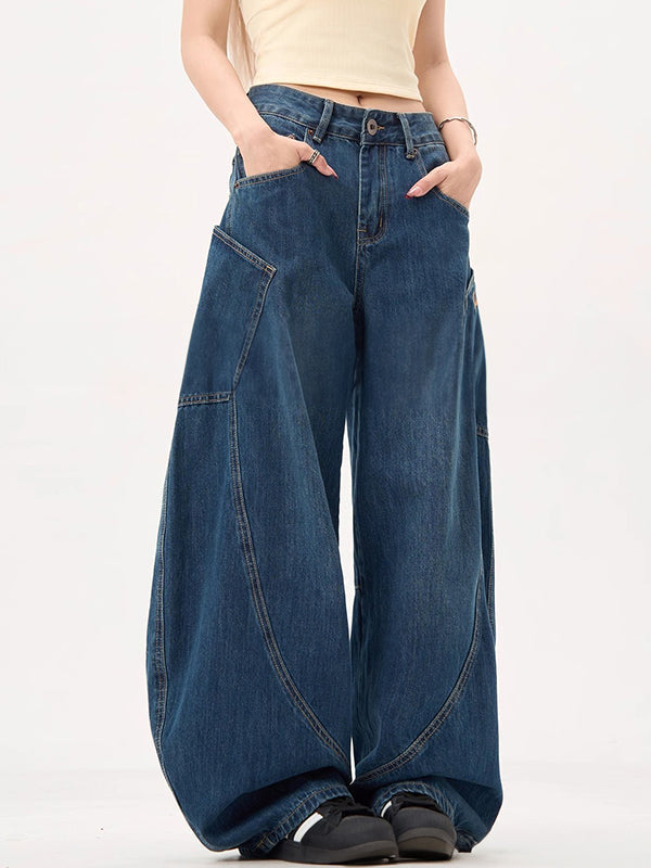 Drune | Blaue Boyfriend Jeans mit Großen Taschen und Weitem Krummschnitt
