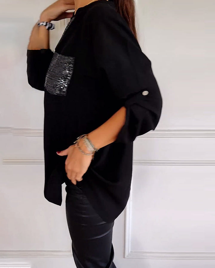 Drune - Schicke Bluse mit Knopfleiste und Paillettenbesatz für Damen | Elegante Langarmbluse mit Paillettentasche