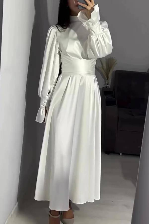 Drune | Einfarbiger Rüschensleeve Taillierter Krawatten Slim Fit Maxikleid