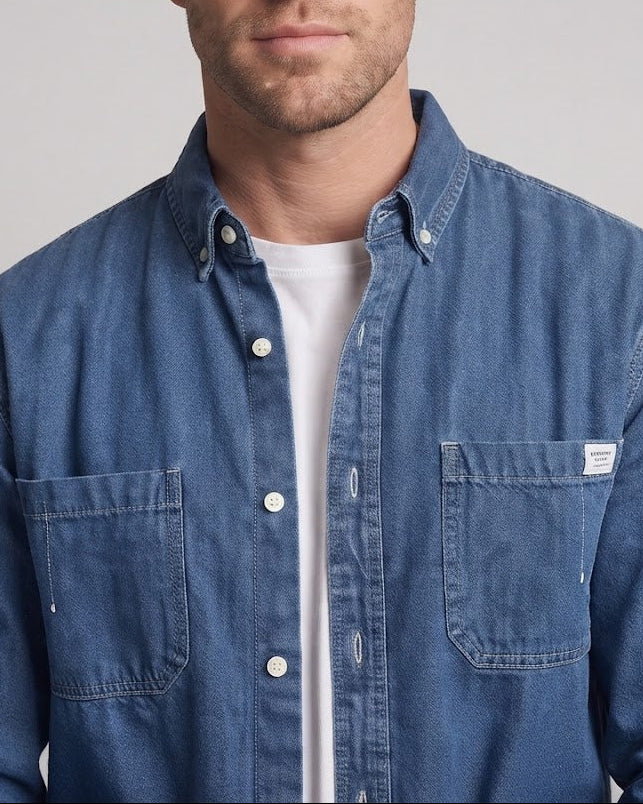 Herren Oversize-Denim-Hemdjacke mit Brusttaschen und Button-Down-Kragen Drune